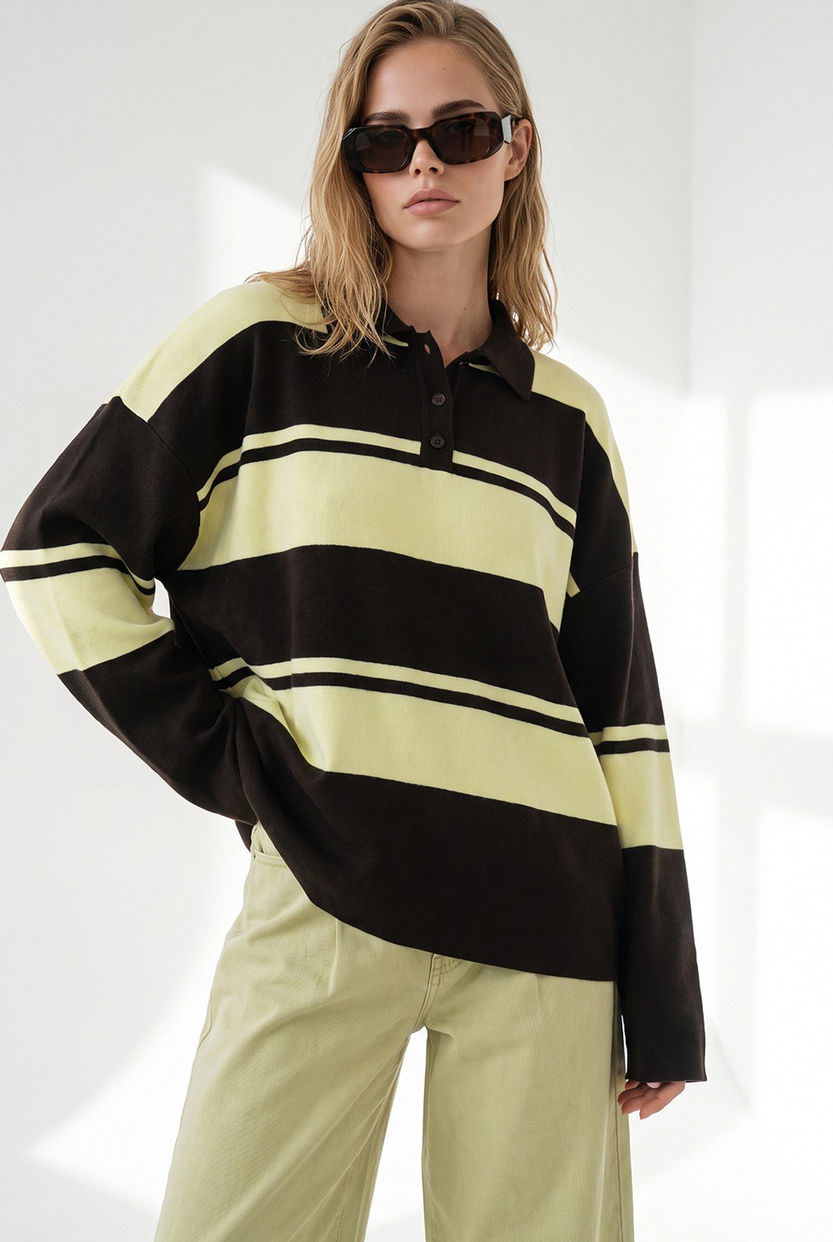 Polo Yaka Oversize Triko Kazak Sarı Kahve