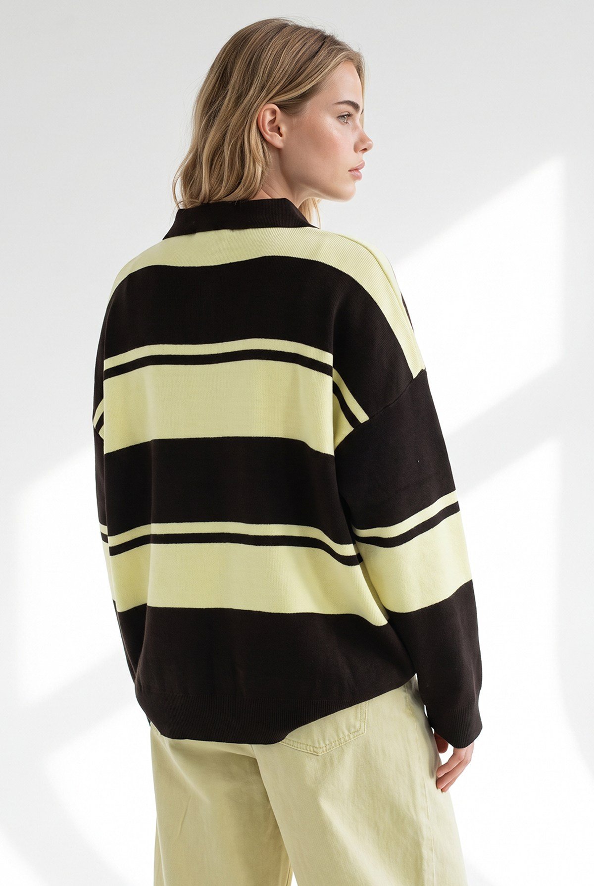 Polo Yaka Oversize Triko Kazak Sarı Kahve