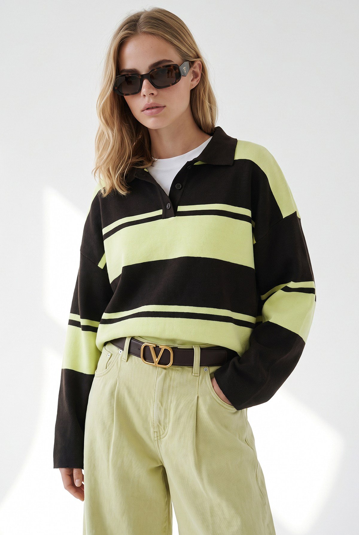 Polo Yaka Oversize Triko Kazak Sarı Kahve