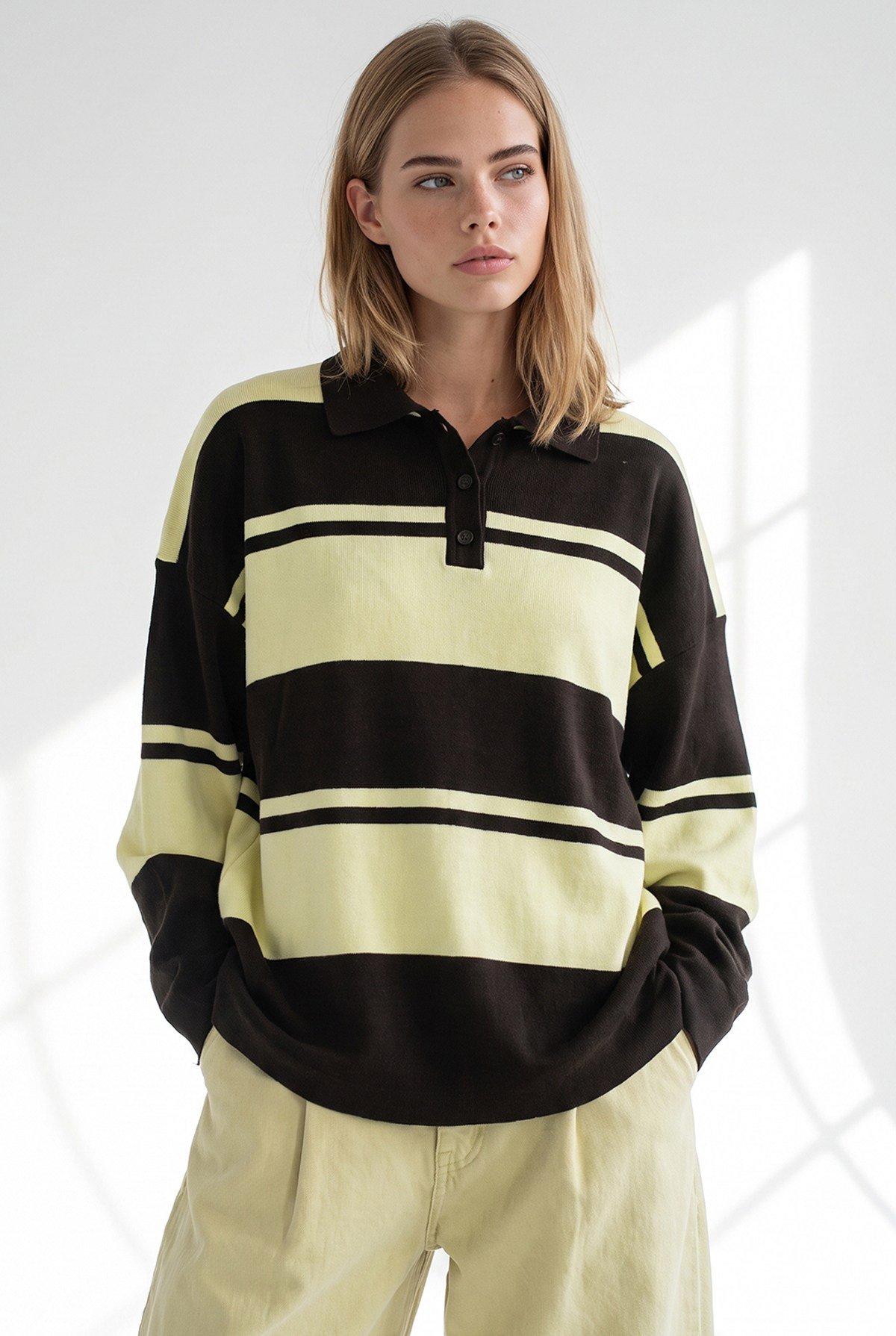 Polo Yaka Oversize Triko Kazak Sarı Kahve