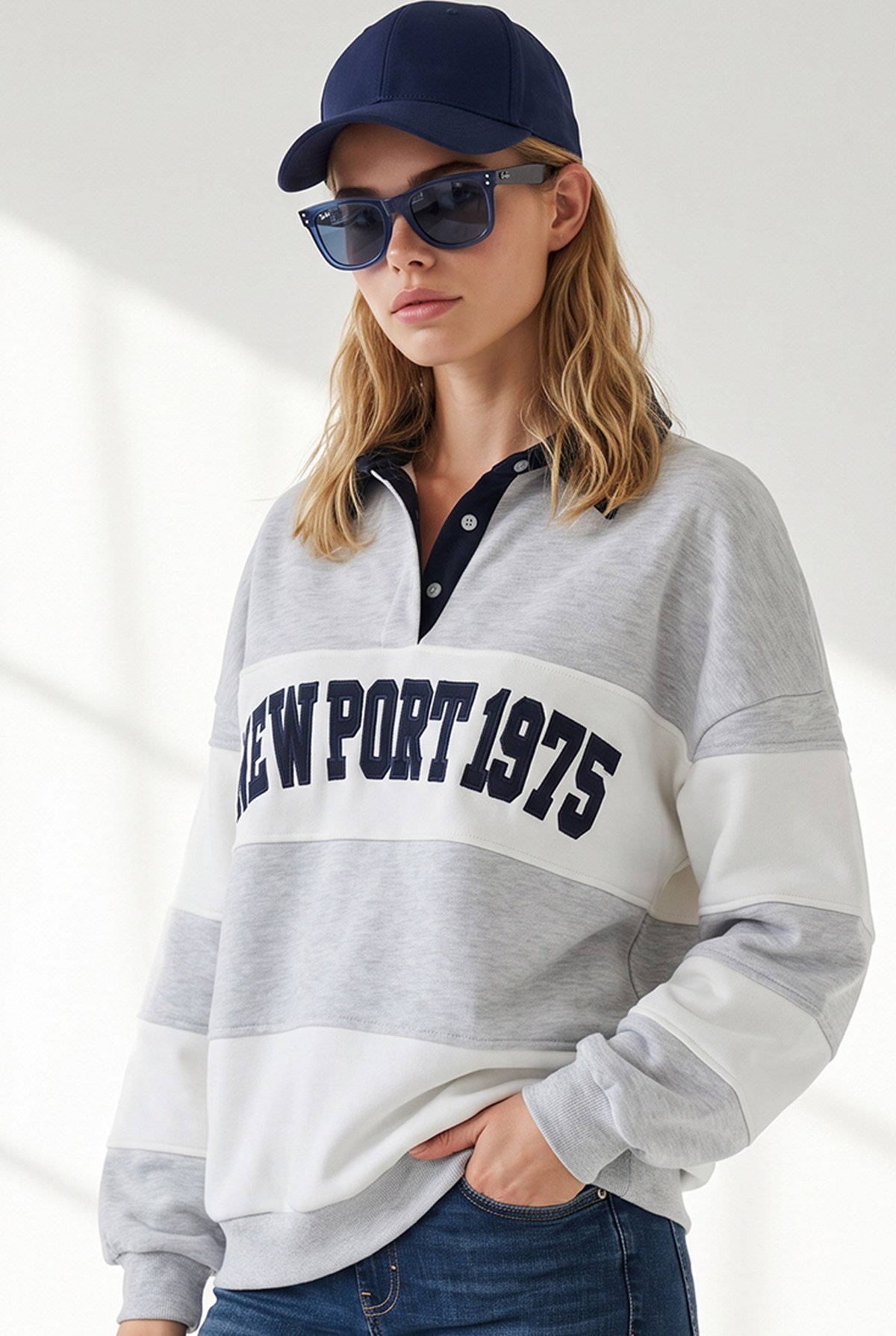 Polo Yaka Renk Detaylı Oversize Şardonlu Sweatshirt Gri