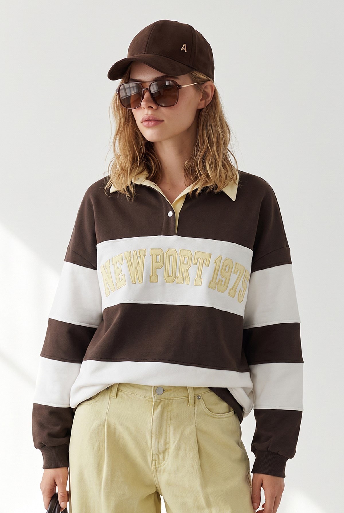 Polo Yaka Renk Detaylı Oversize Şardonlu Sweatshirt Kahverengi