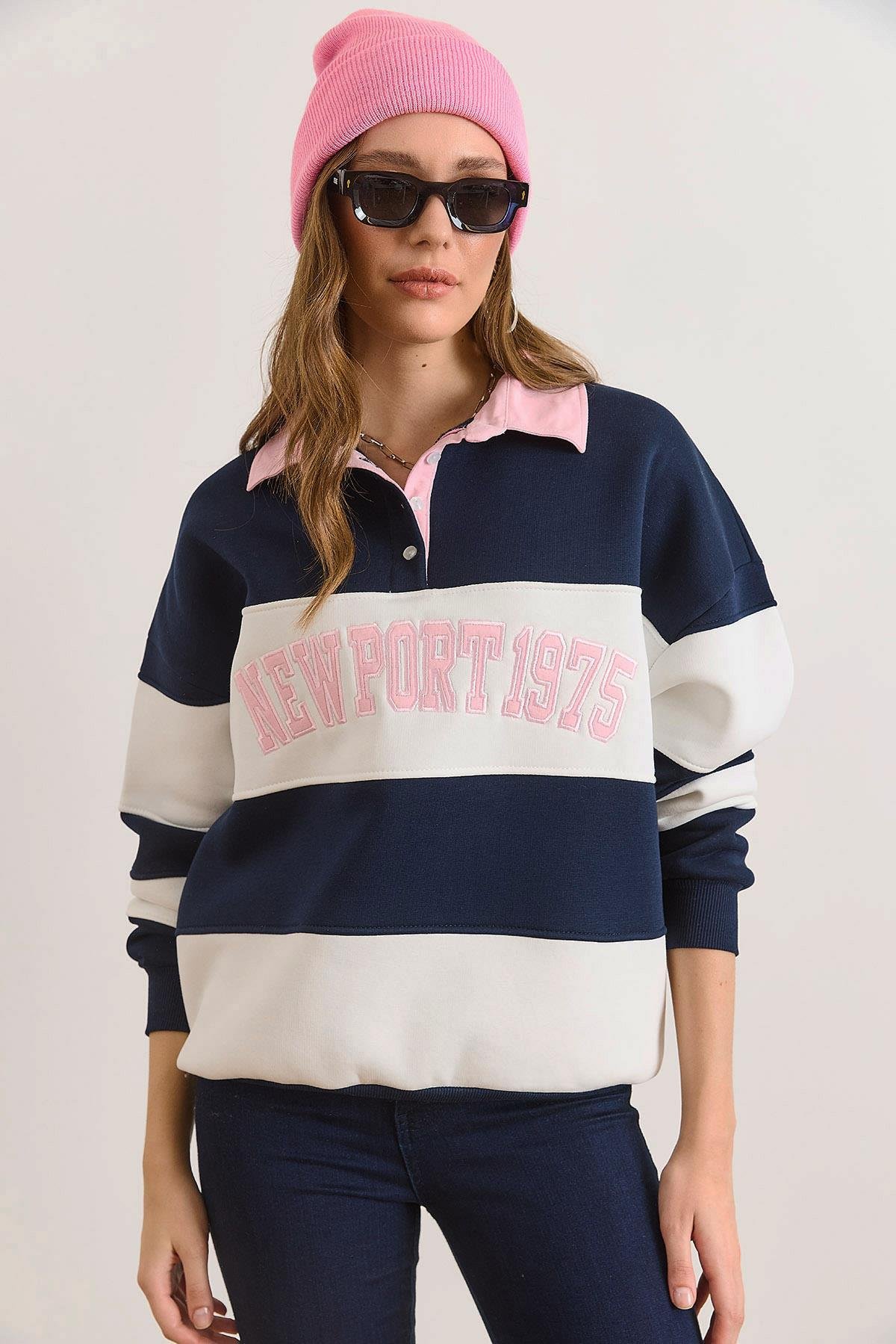 Polo Yaka Renk Detaylı Oversize Şardonlu Sweatshirt Lacivert Pembe