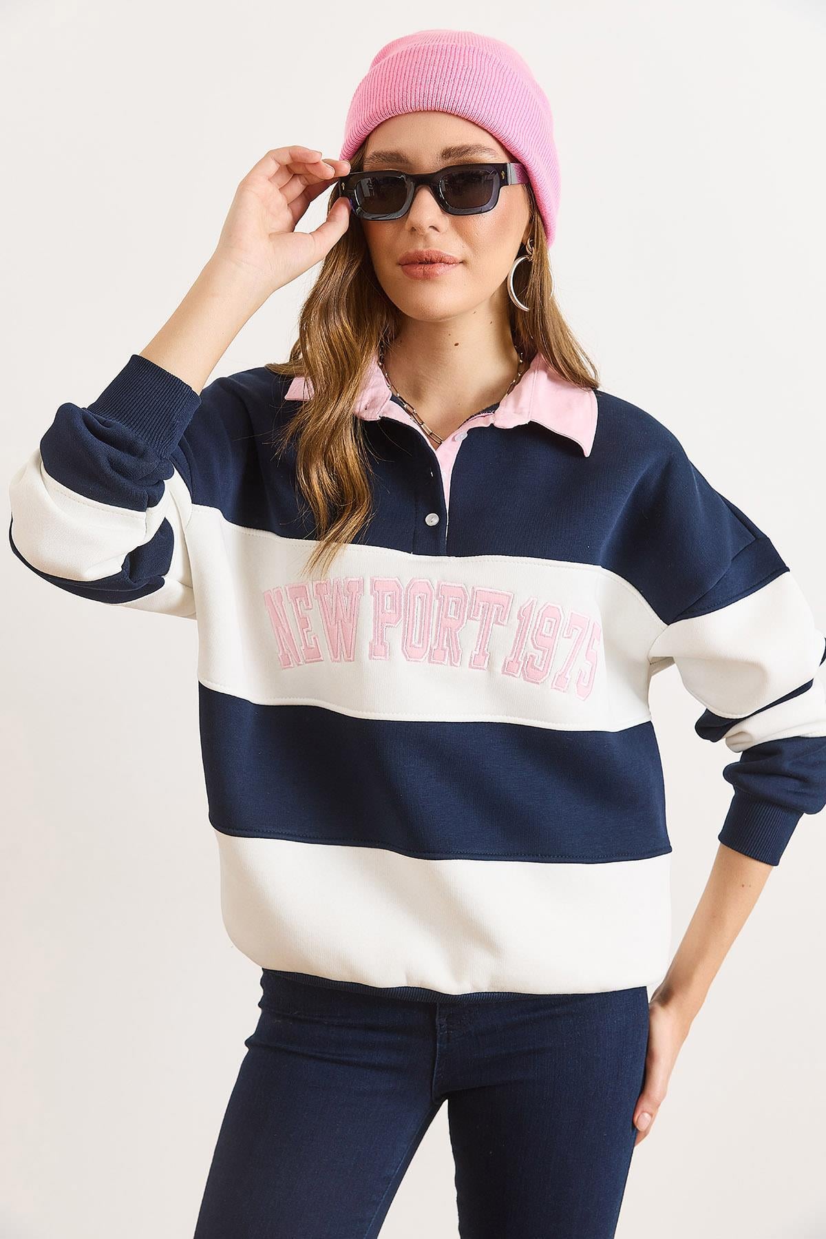 Polo Yaka Renk Detaylı Oversize Şardonlu Sweatshirt Lacivert Pembe