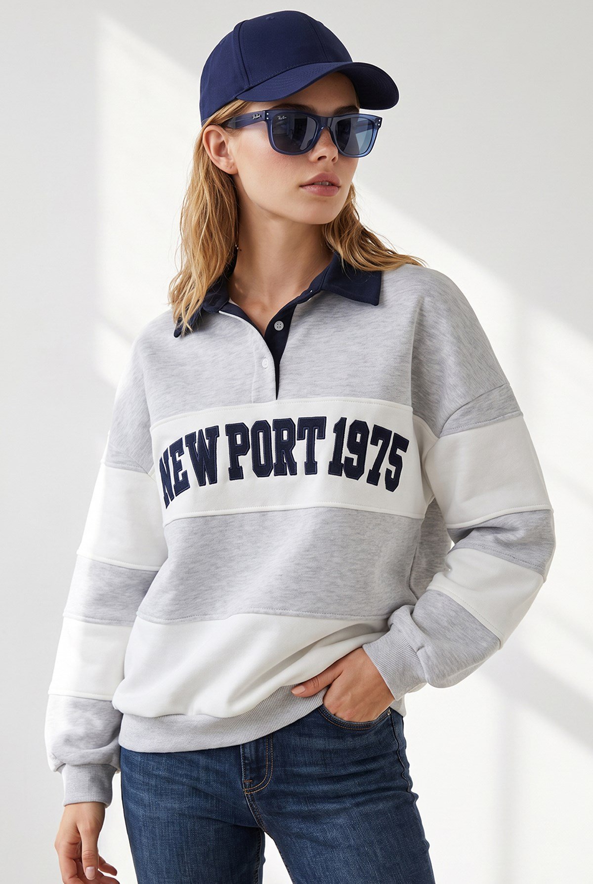 Polo Yaka Renk Detaylı Oversize Şardonlu Sweatshirt Gri