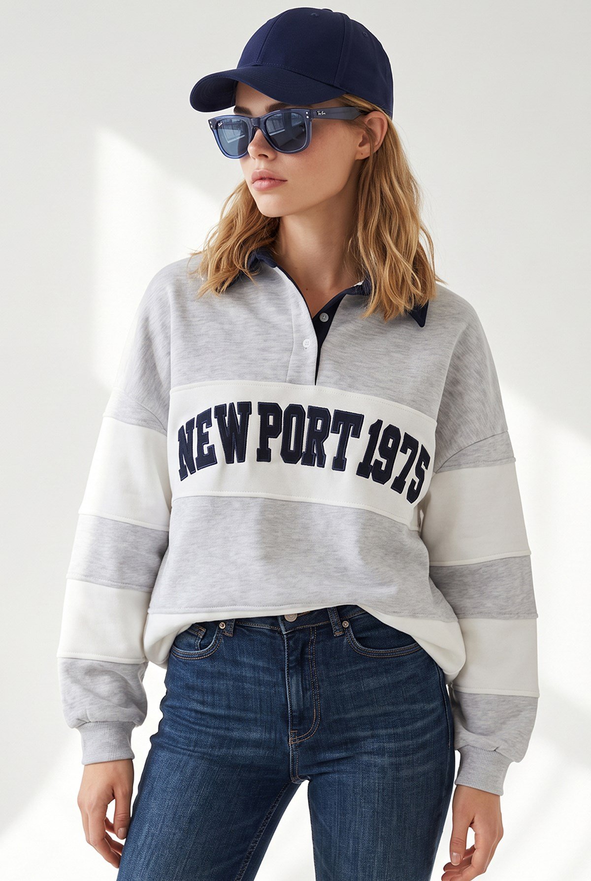 Polo Yaka Renk Detaylı Oversize Şardonlu Sweatshirt Gri