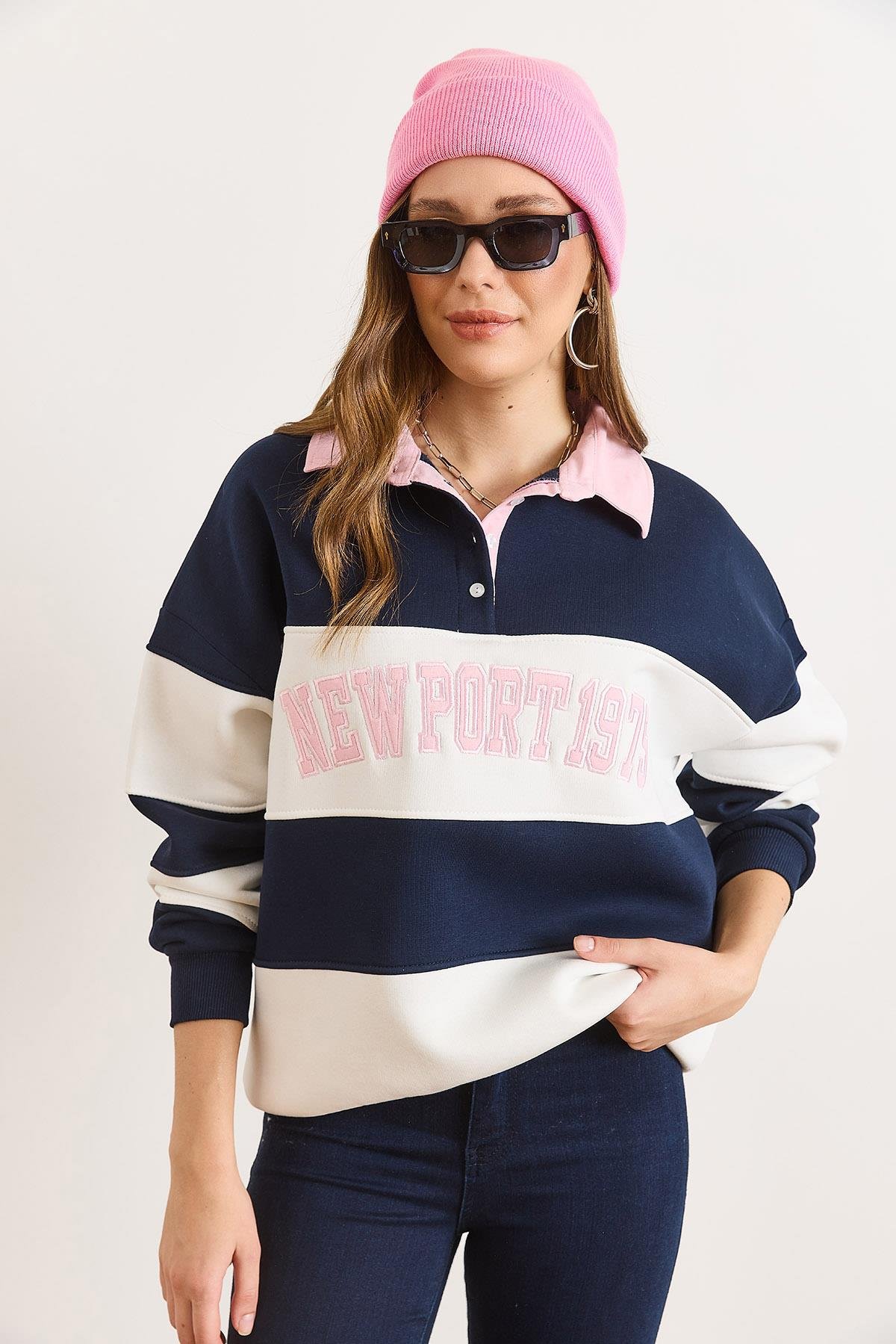 Polo Yaka Renk Detaylı Oversize Şardonlu Sweatshirt Lacivert Pembe