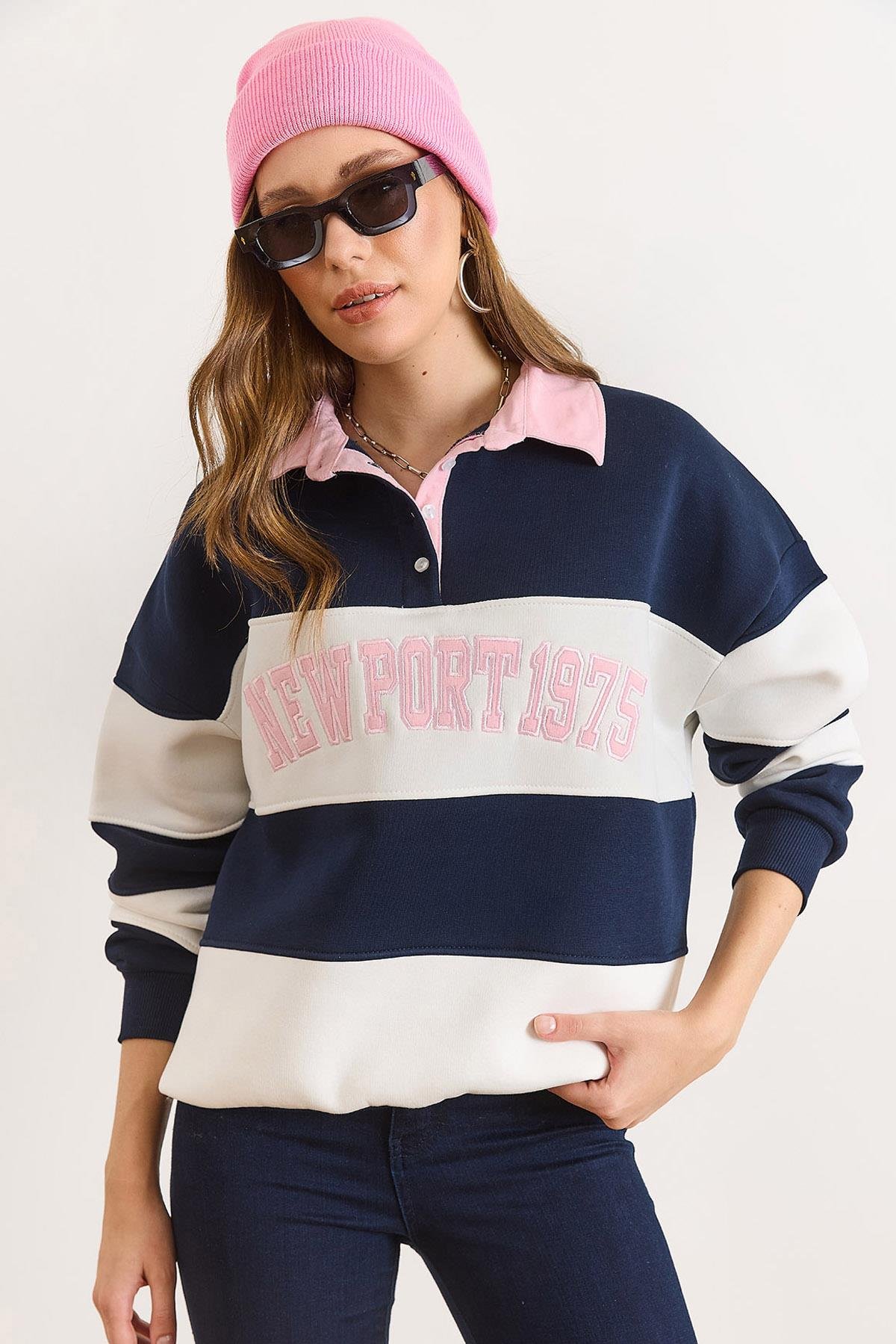 Polo Yaka Renk Detaylı Oversize Şardonlu Sweatshirt Lacivert Pembe