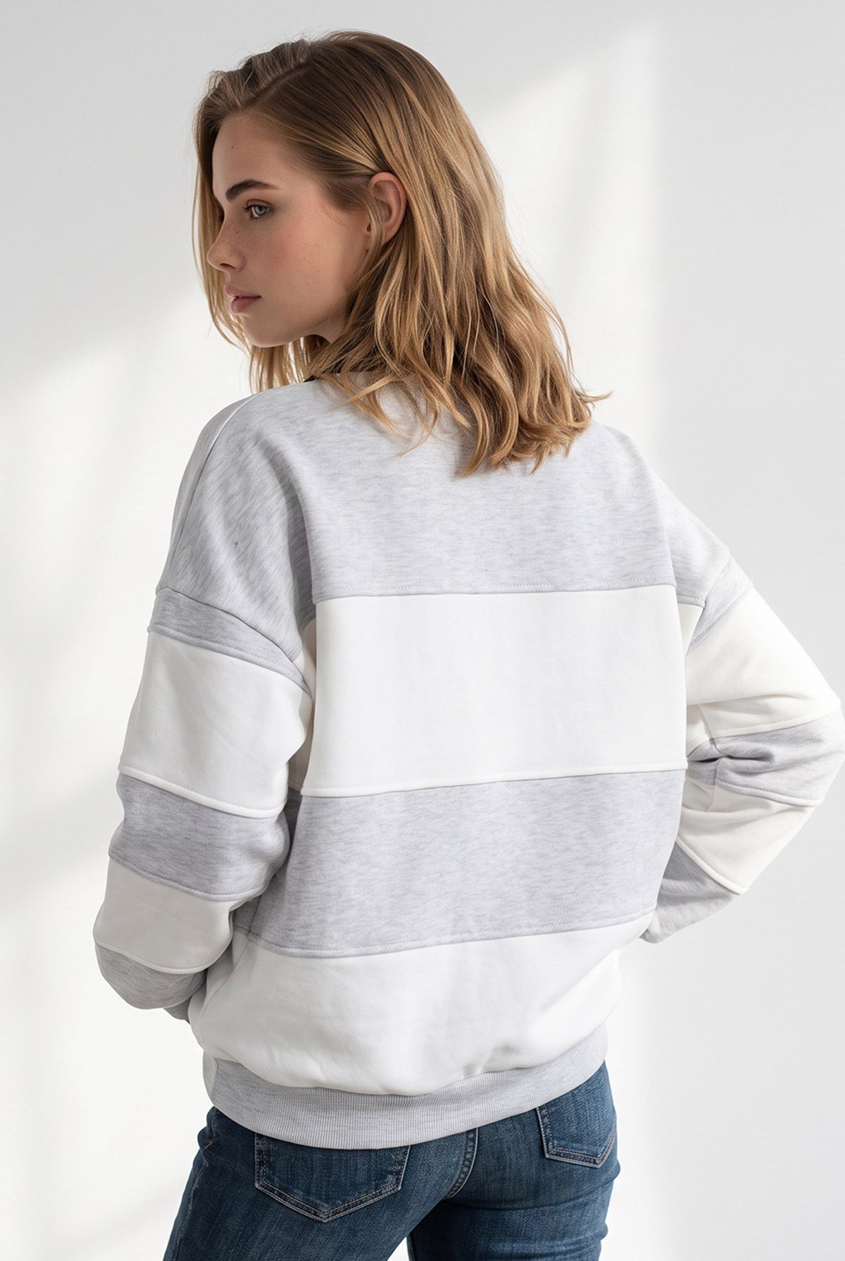 Polo Yaka Renk Detaylı Oversize Şardonlu Sweatshirt Gri
