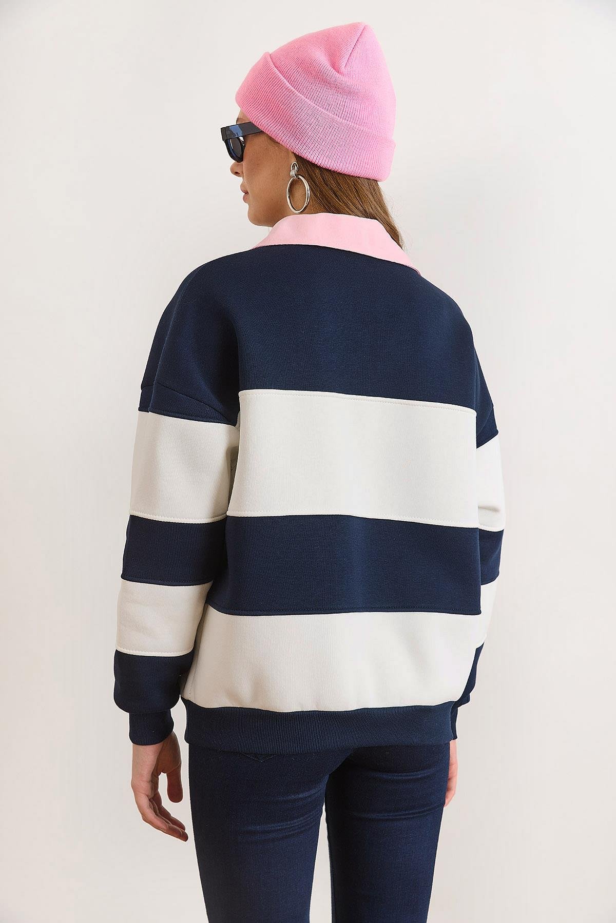 Polo Yaka Renk Detaylı Oversize Şardonlu Sweatshirt Lacivert Pembe