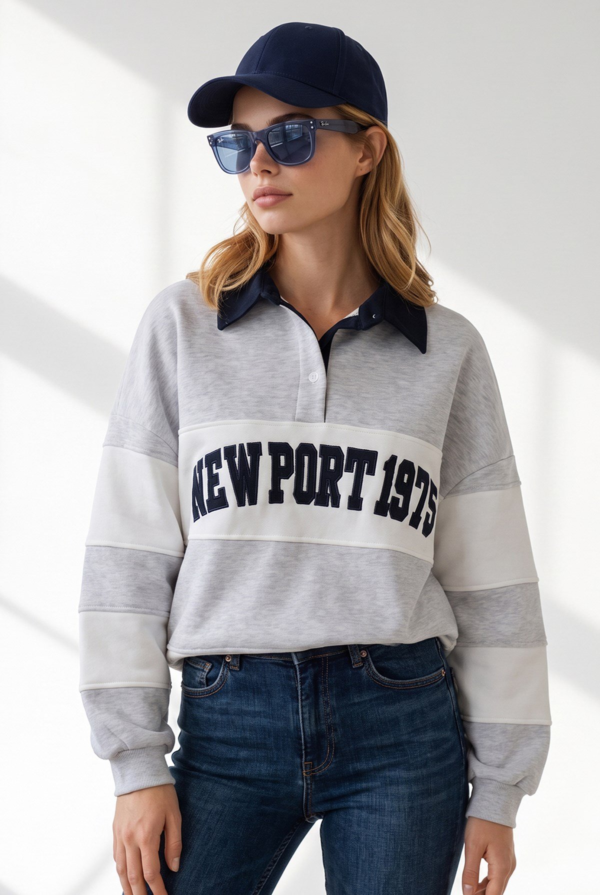 Polo Yaka Renk Detaylı Oversize Şardonlu Sweatshirt Gri