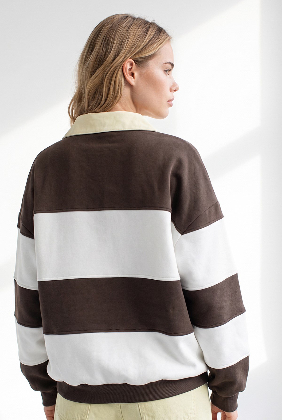 Polo Yaka Renk Detaylı Oversize Şardonlu Sweatshirt Kahverengi