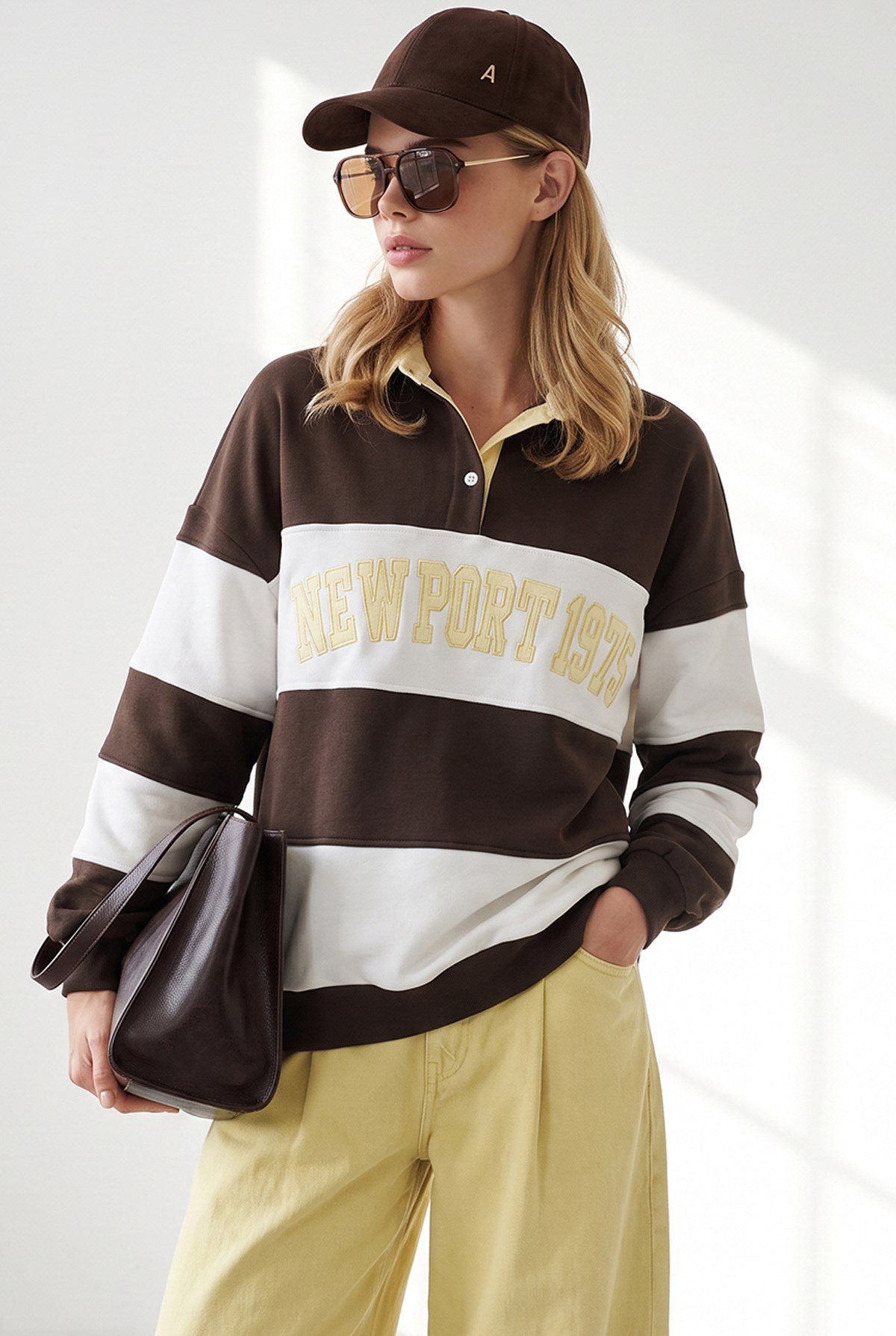 Polo Yaka Renk Detaylı Oversize Şardonlu Sweatshirt Kahverengi