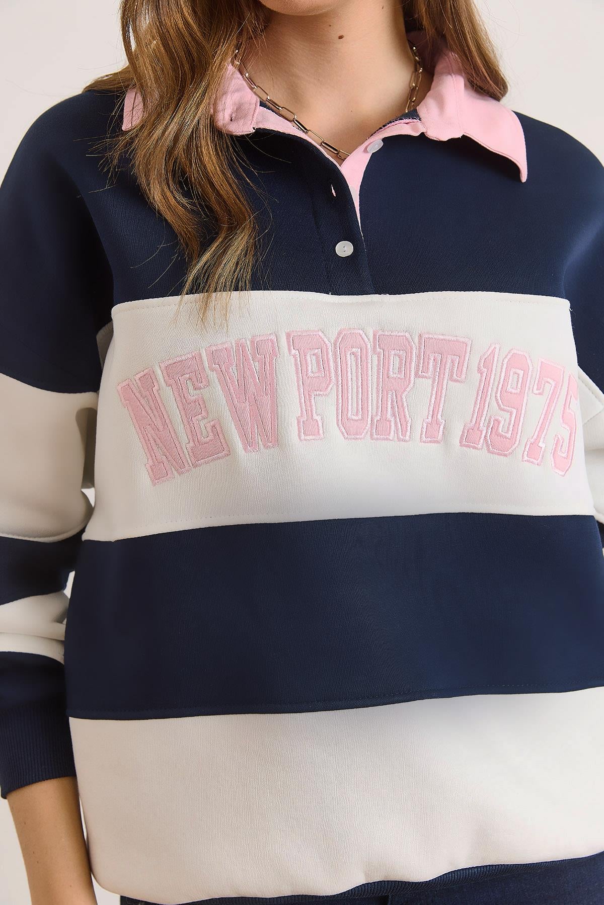 Polo Yaka Renk Detaylı Oversize Şardonlu Sweatshirt Lacivert Pembe