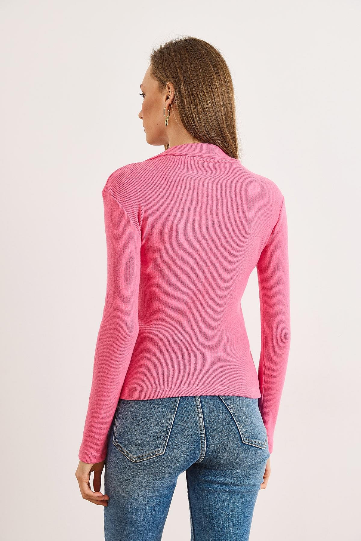 Polo Yaka Şardonlu Kaşkorse Bluz Koyu Pembe