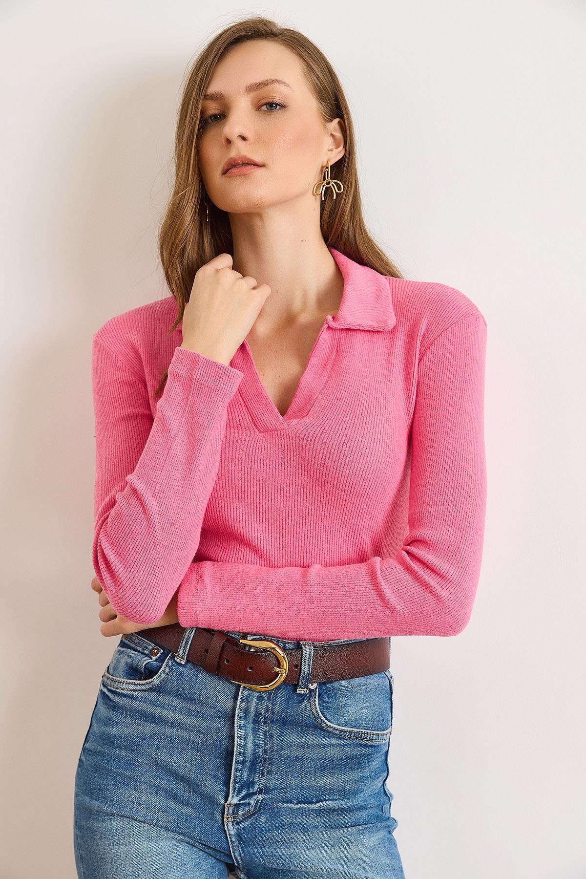 Polo Yaka Şardonlu Kaşkorse Bluz Koyu Pembe