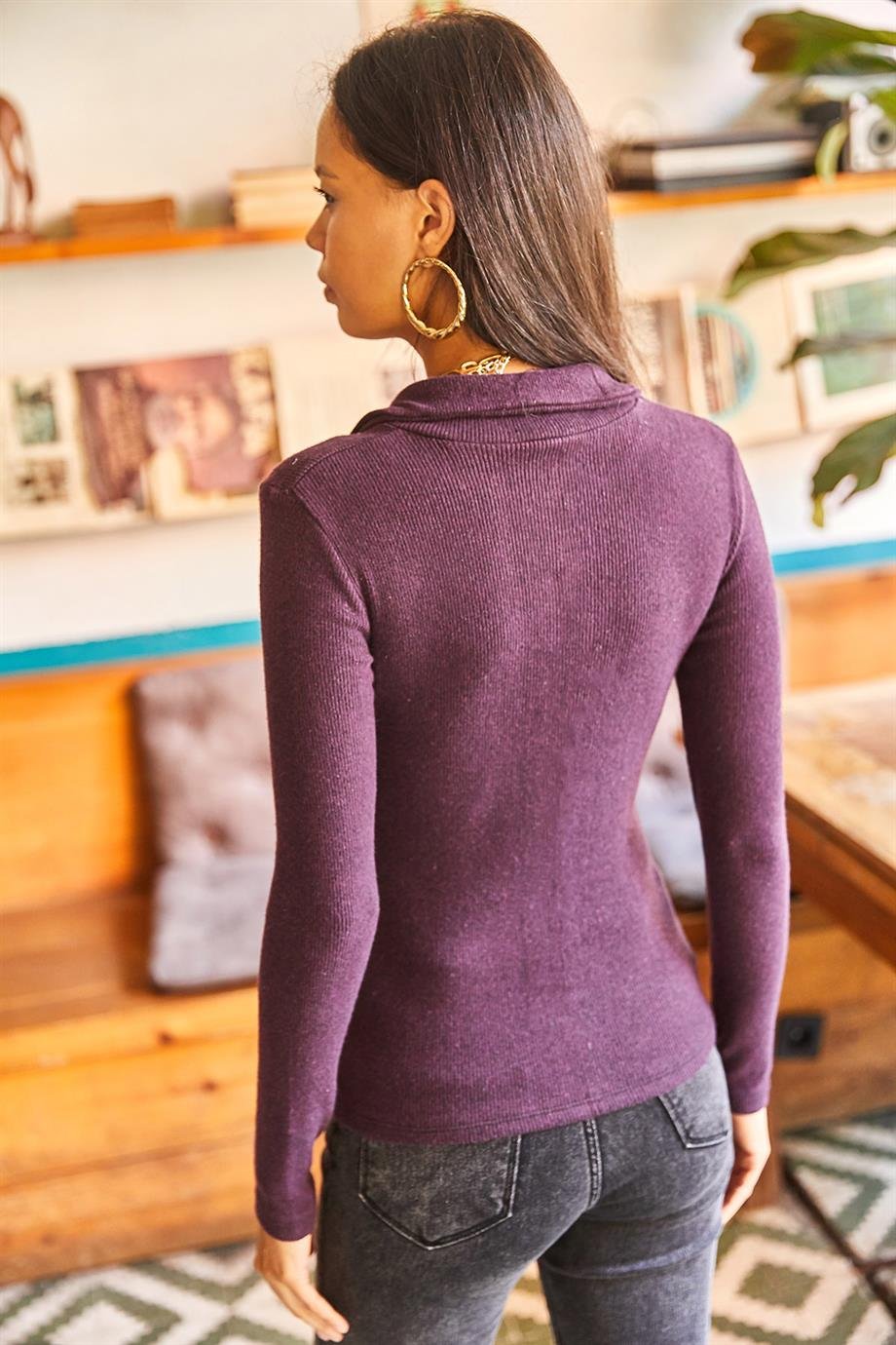 Polo Yaka Şardonlu Kaşkorse Bluz Mürdüm
