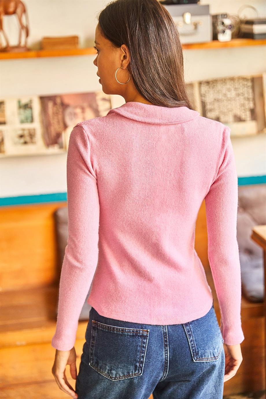 Polo Yaka Şardonlu Kaşkorse Bluz Pembe