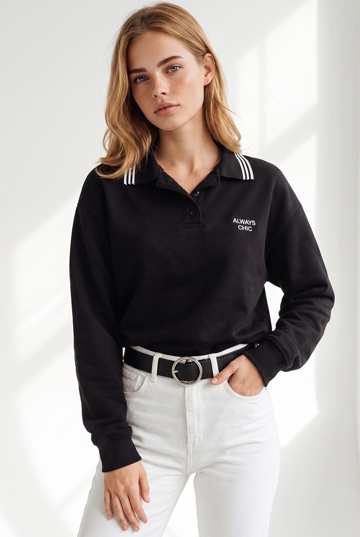 Polo Yaka Şardonlu Nakışlı Crop Sweatshirt Siyah