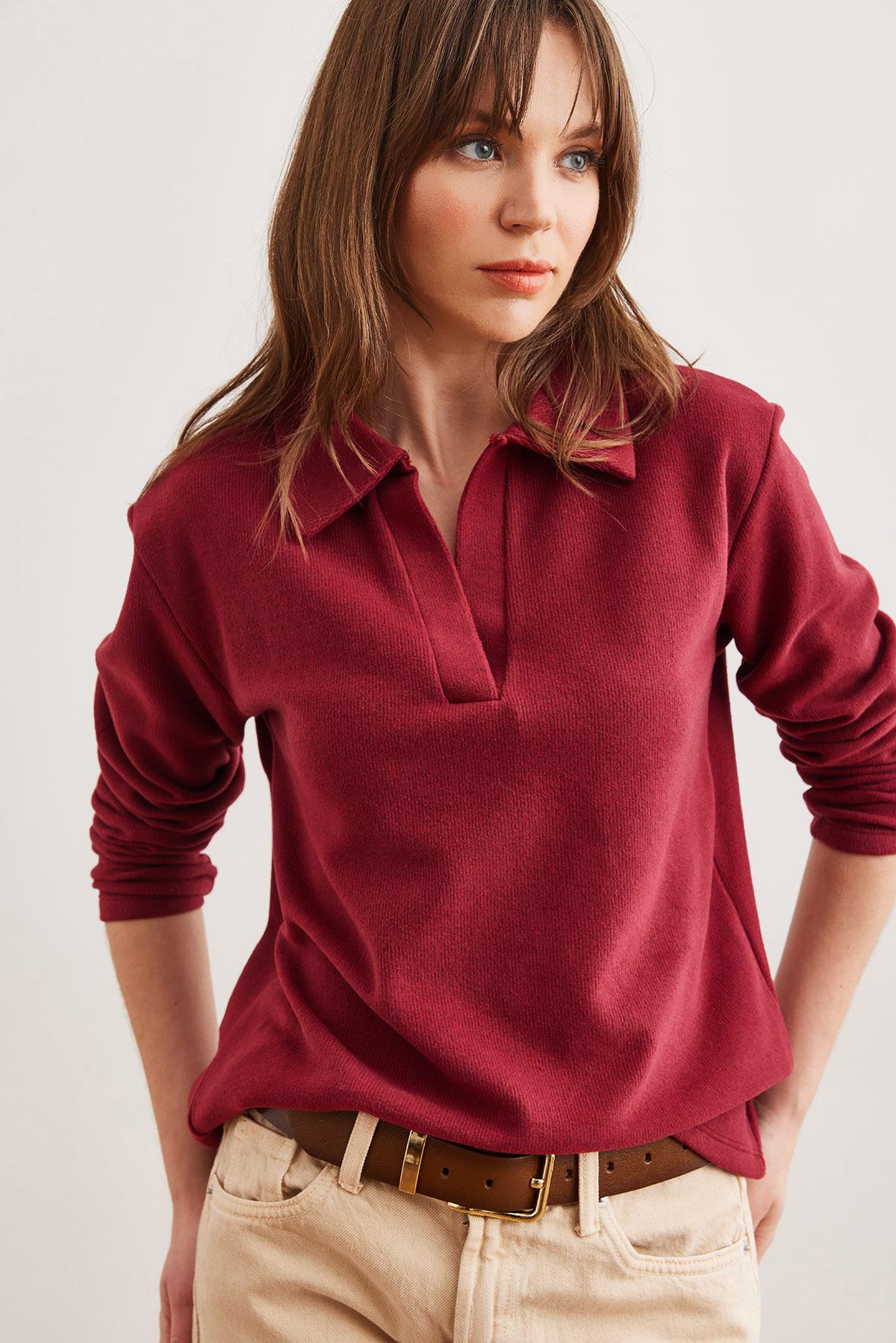 Polo Yaka Selanik Bluz Bordo