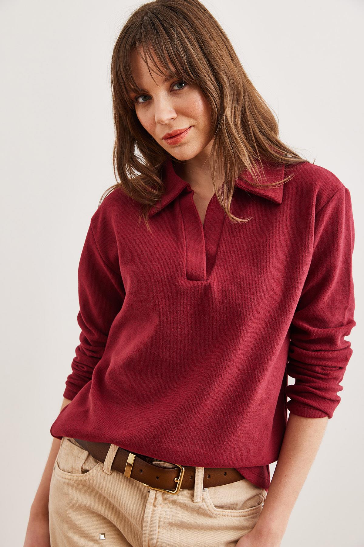 Polo Yaka Selanik Bluz Bordo