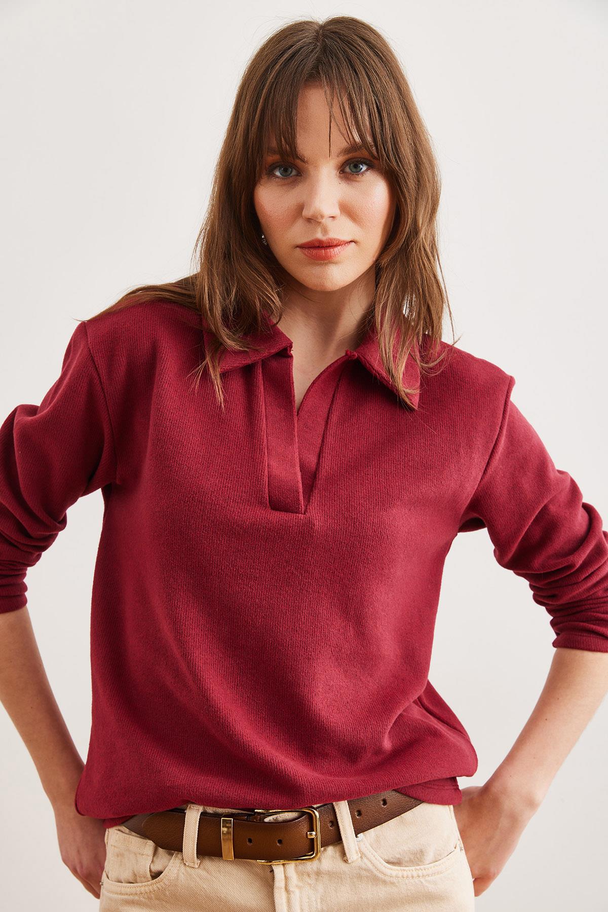 Polo Yaka Selanik Bluz Bordo
