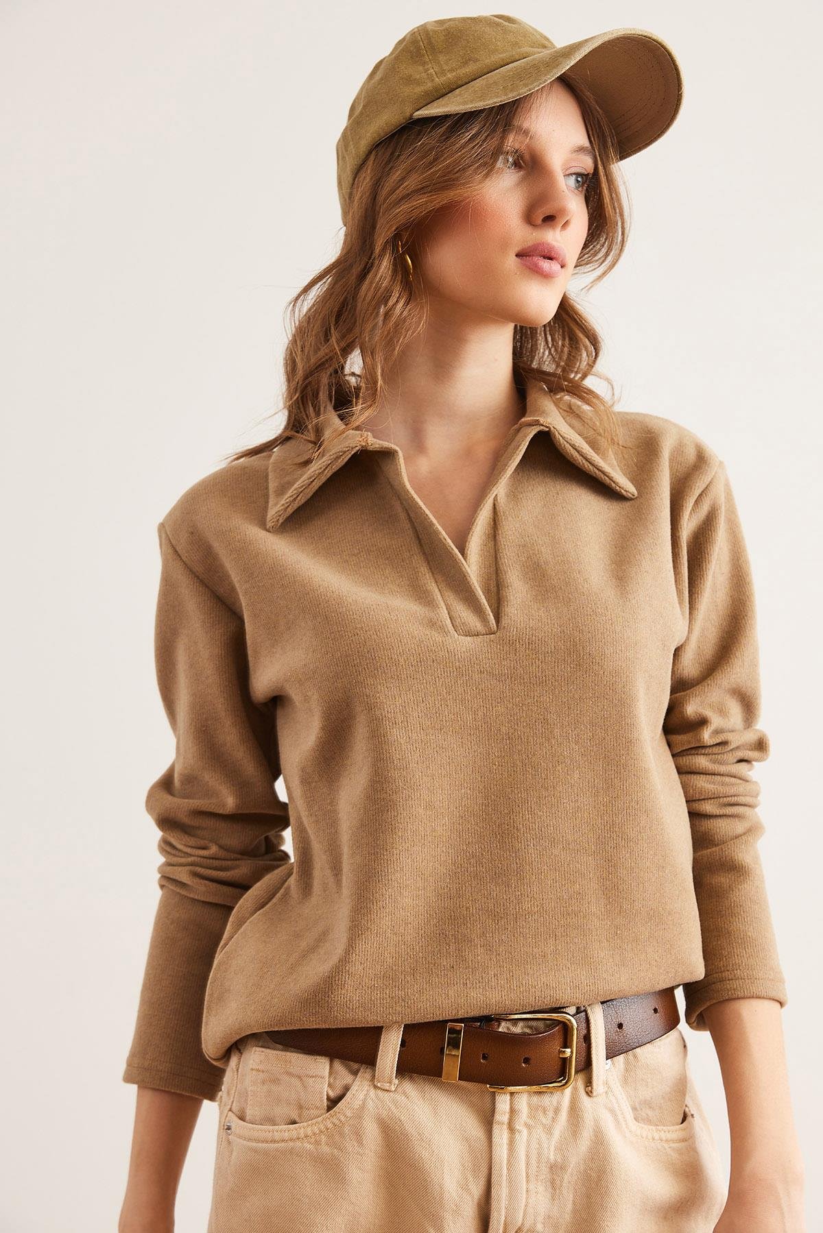 Polo Yaka Selanik Bluz Camel