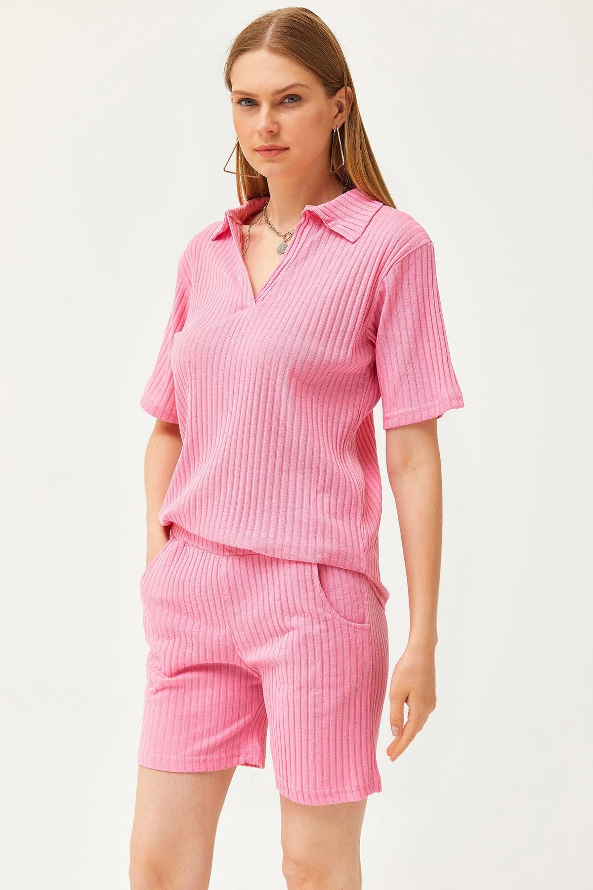 Polo Yaka Üst Cepli Şort Fitilli Takım Şeker Pembe