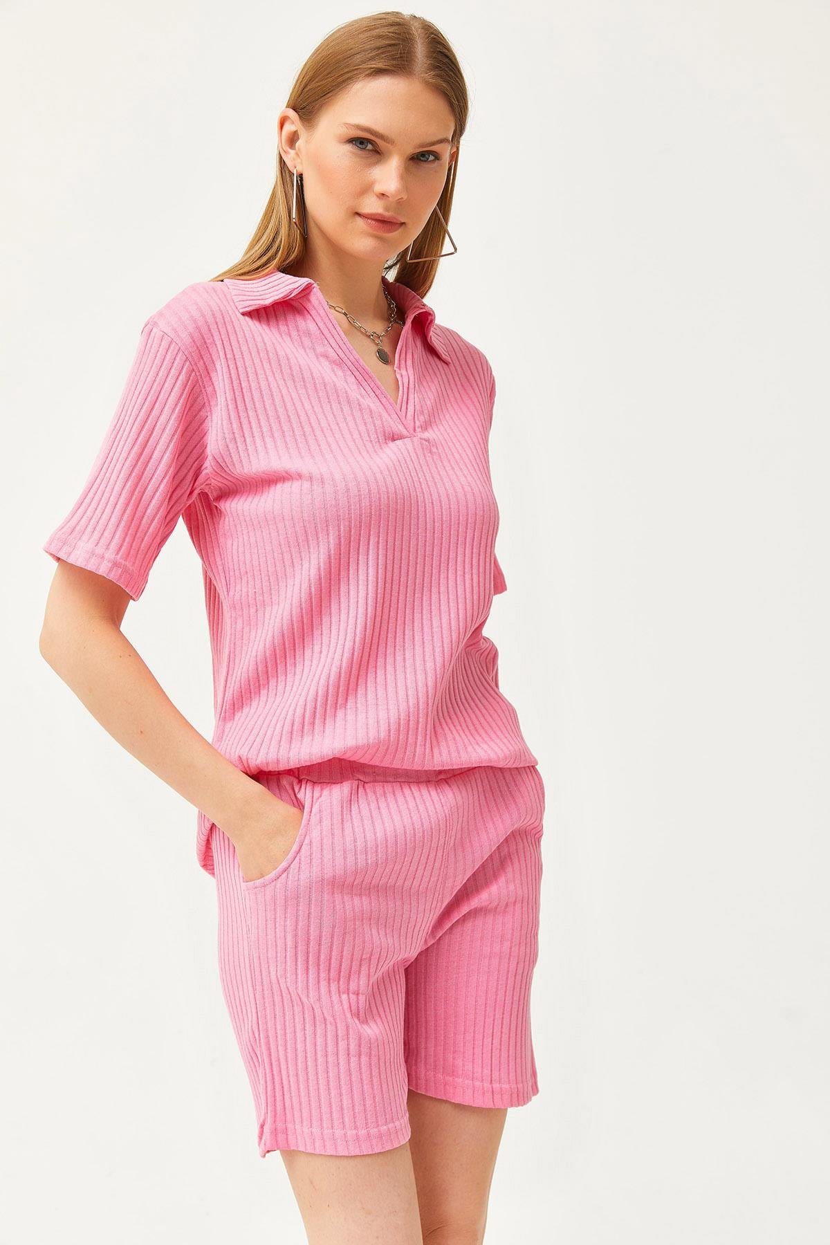 Polo Yaka Üst Cepli Şort Fitilli Takım Şeker Pembe