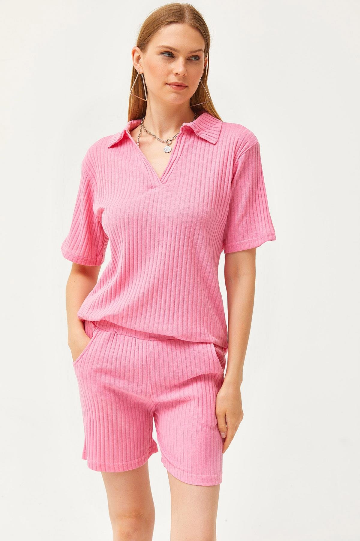 Polo Yaka Üst Cepli Şort Fitilli Takım Şeker Pembe