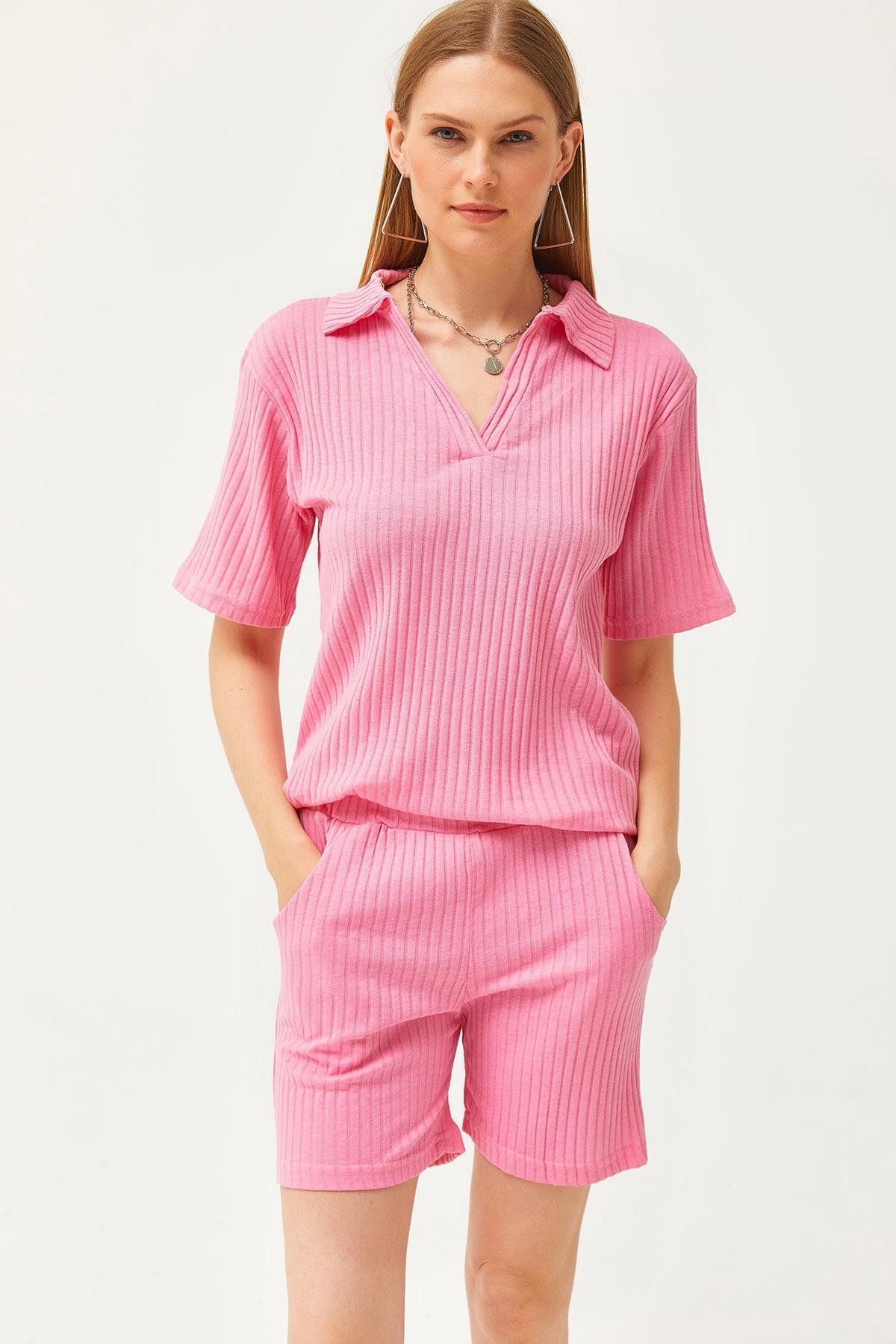 Polo Yaka Üst Cepli Şort Fitilli Takım Şeker Pembe