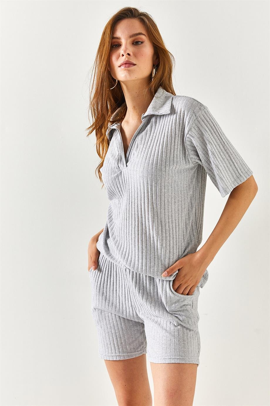 Polo Yaka Üst Cepli Şort Fitilli Takım Gri