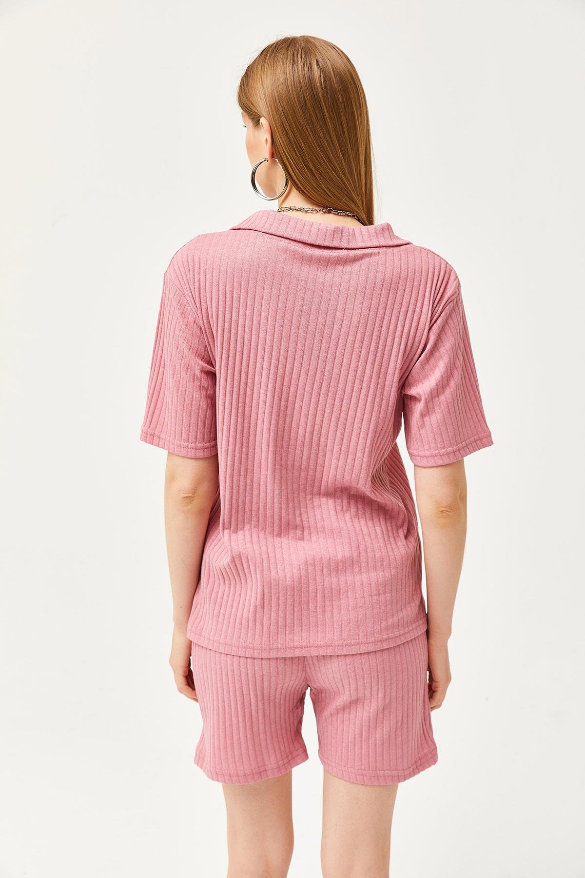 Polo Yaka Üst Cepli Şort Fitilli Takım Gül Kurusu