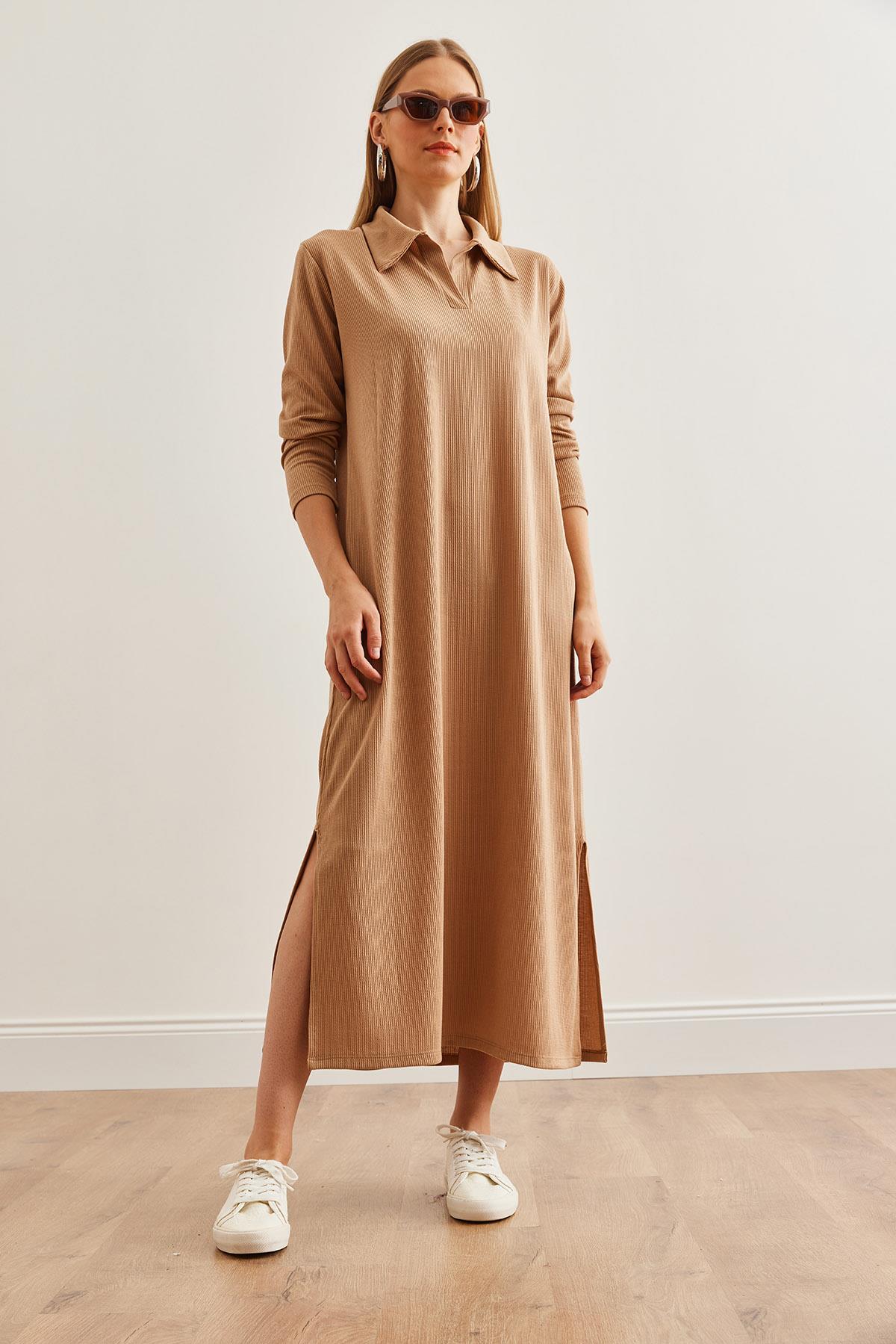 Polo Yaka Uzun Kollu Yırtmaçlı Burgu Elbise Camel