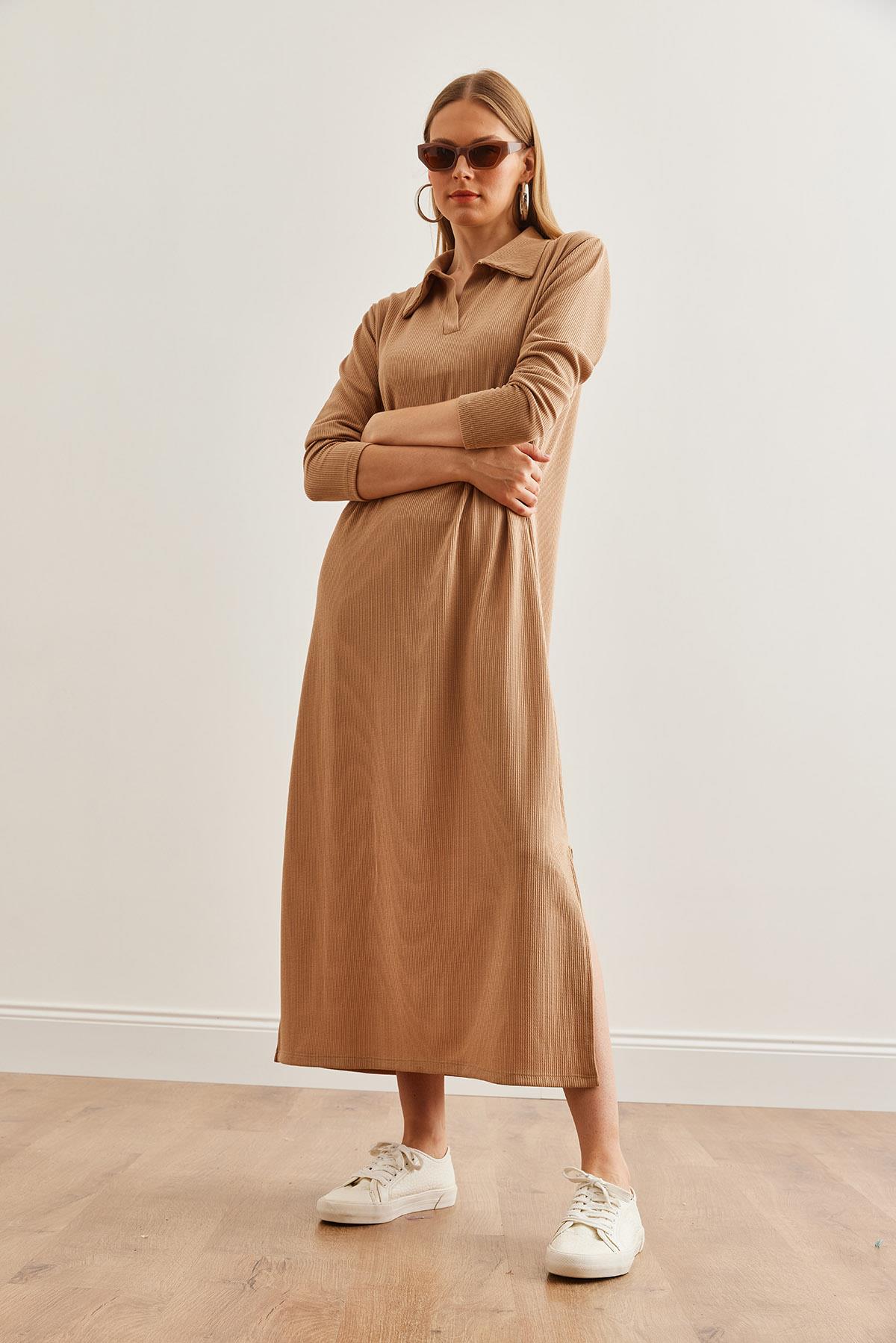 Polo Yaka Uzun Kollu Yırtmaçlı Burgu Elbise Camel