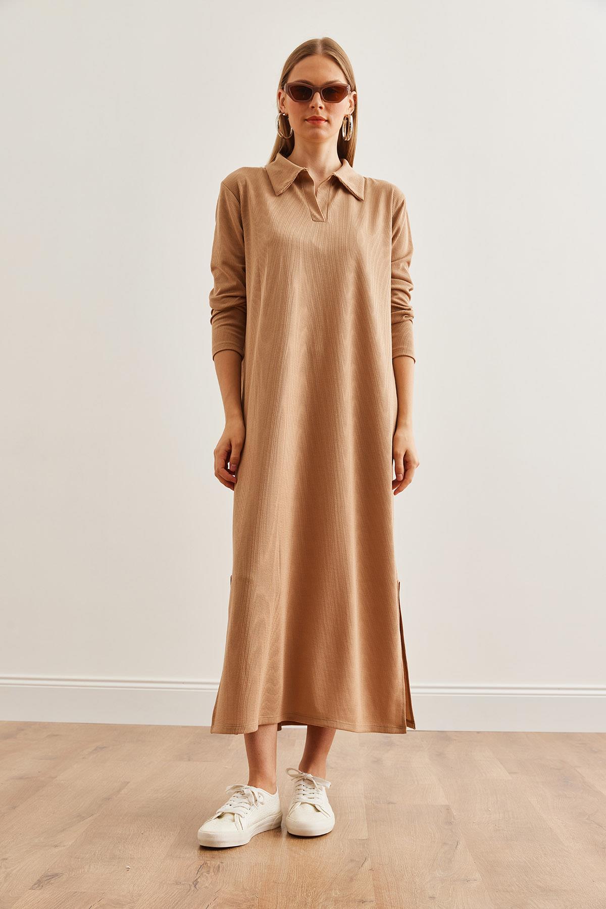 Polo Yaka Uzun Kollu Yırtmaçlı Burgu Elbise Camel
