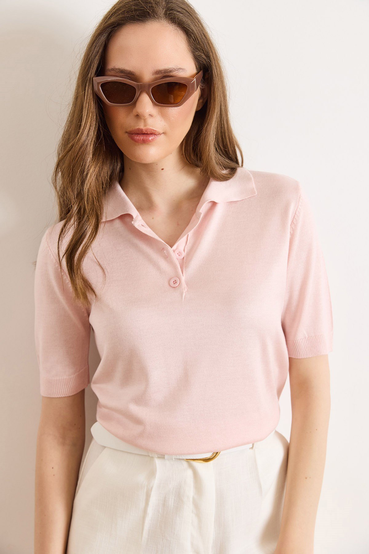 Polo Yaka Viskon Dökümlü Merserize Bluz Pembe