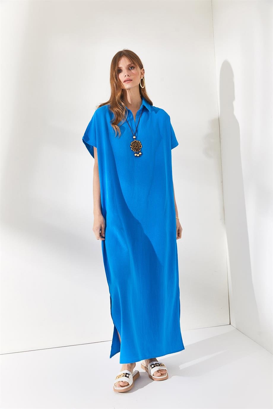Polo Yaka Yırtmaçlı Oversize Keten Karışımlı Elbise Mavi