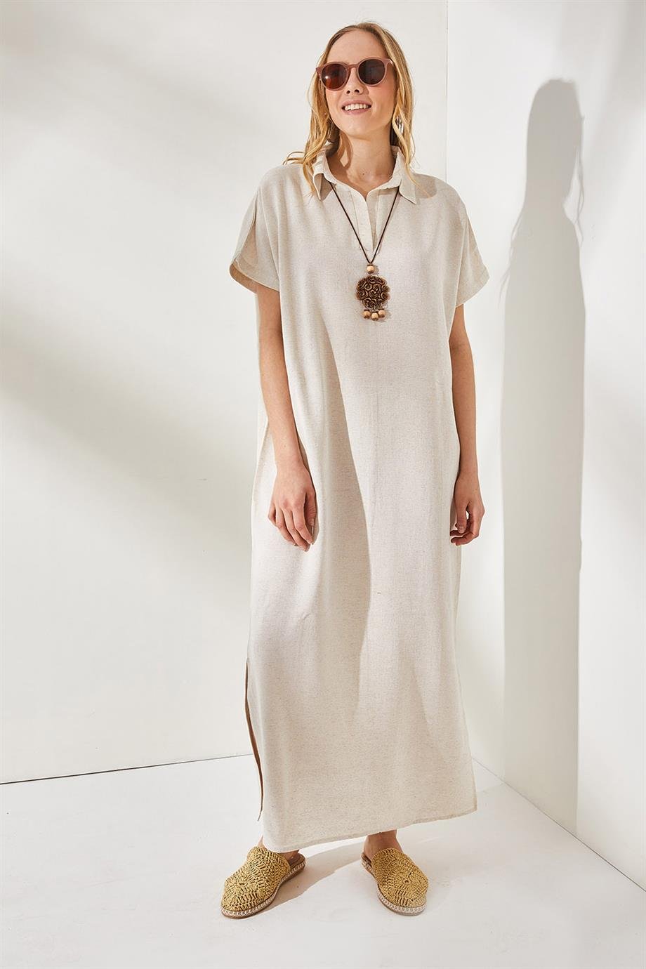Polo Yaka Yırtmaçlı Oversize Keten Karışımlı Elbise Taş