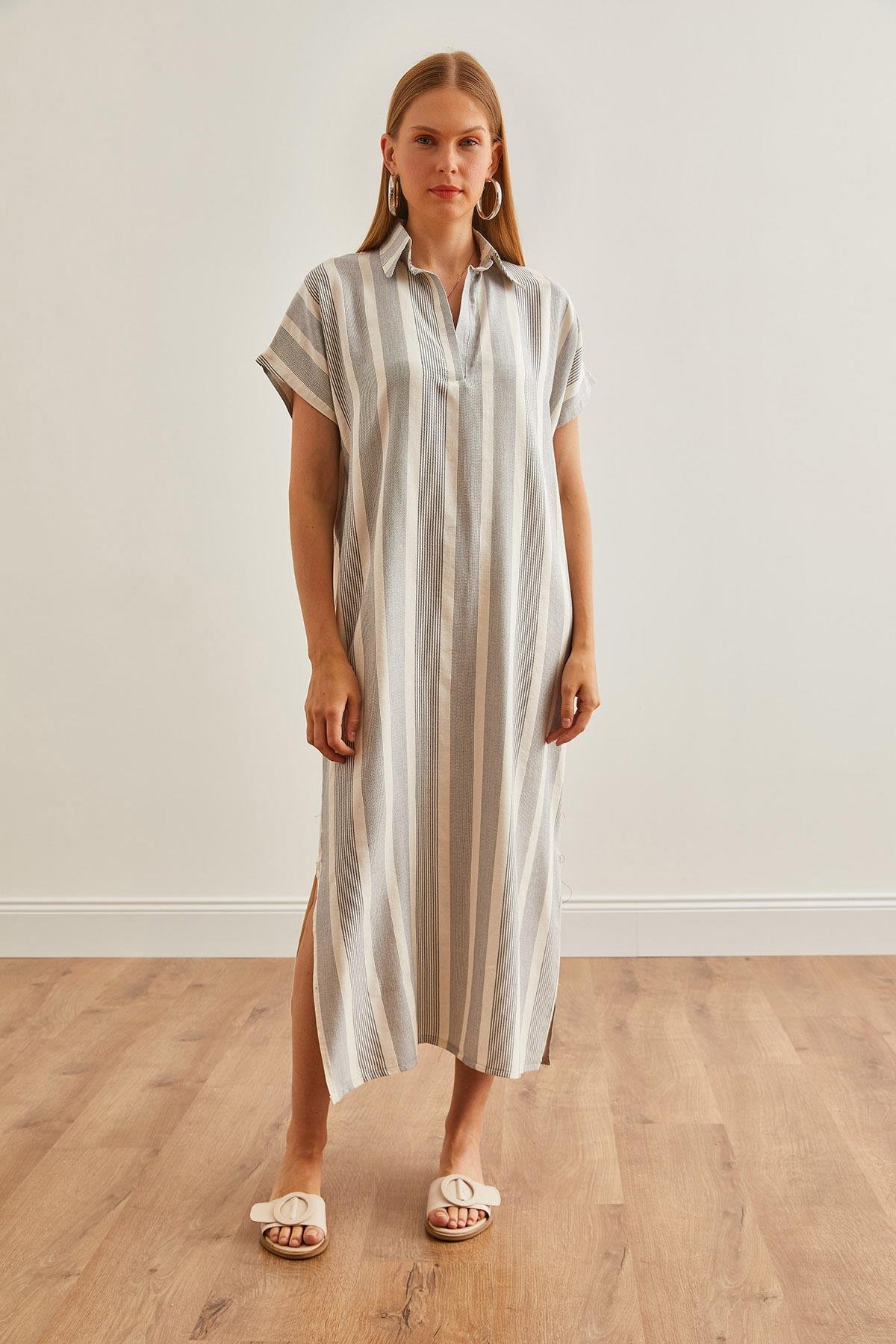 Polo Yaka Yırtmaçlı Oversize Keten Karışımlı Elbise Ekru Gri