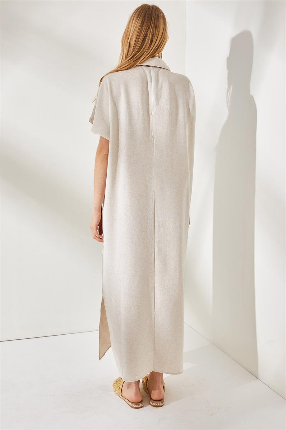 Polo Yaka Yırtmaçlı Oversize Keten Karışımlı Elbise Taş