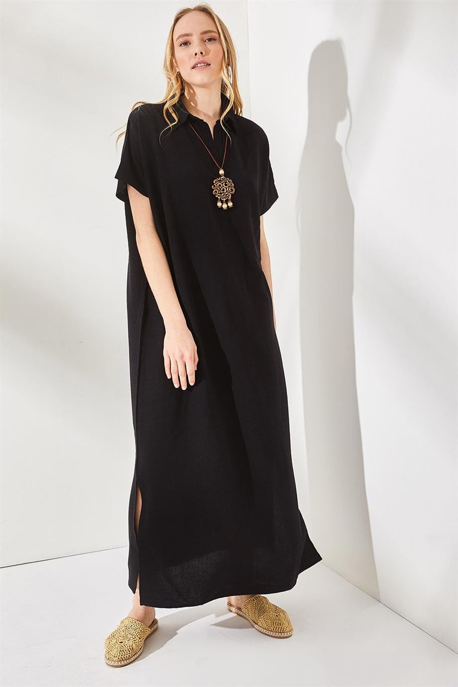 Polo Yaka Yırtmaçlı Oversize Keten Karışımlı Elbise Siyah