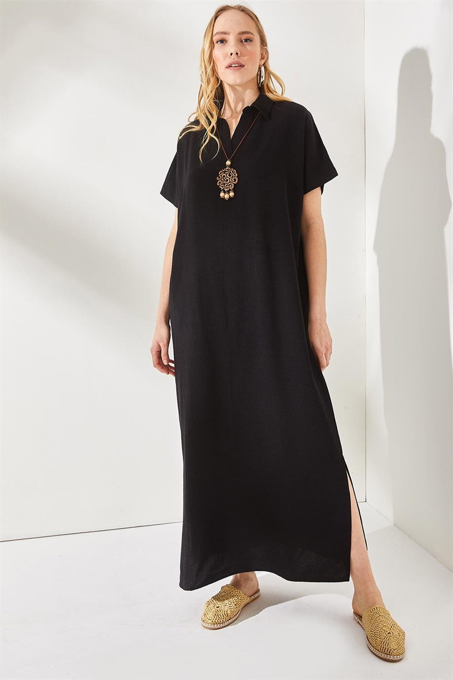 Polo Yaka Yırtmaçlı Oversize Keten Karışımlı Elbise Siyah