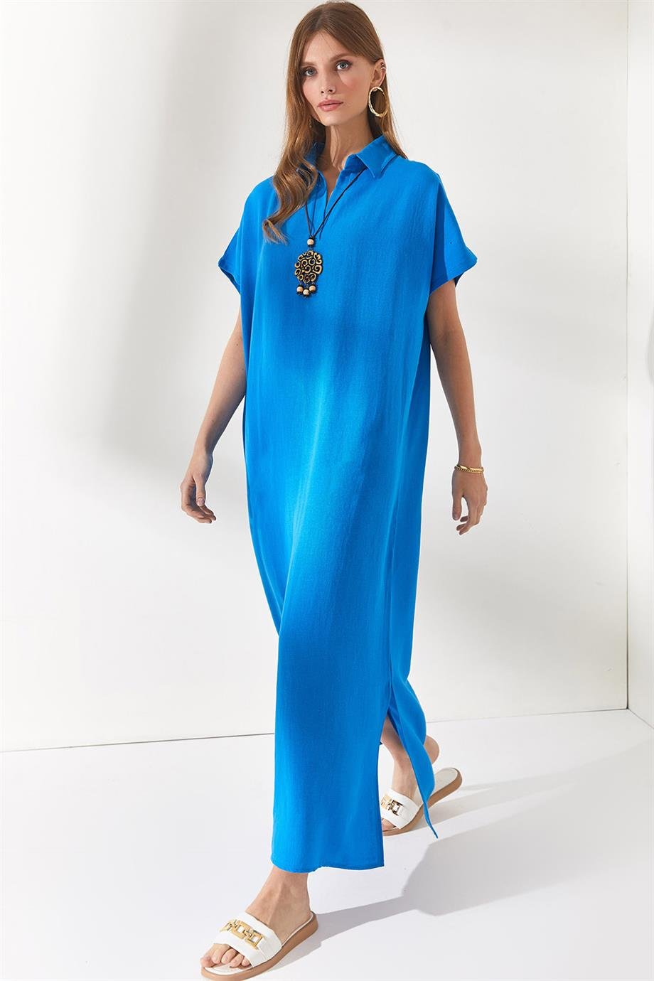 Polo Yaka Yırtmaçlı Oversize Keten Karışımlı Elbise Mavi