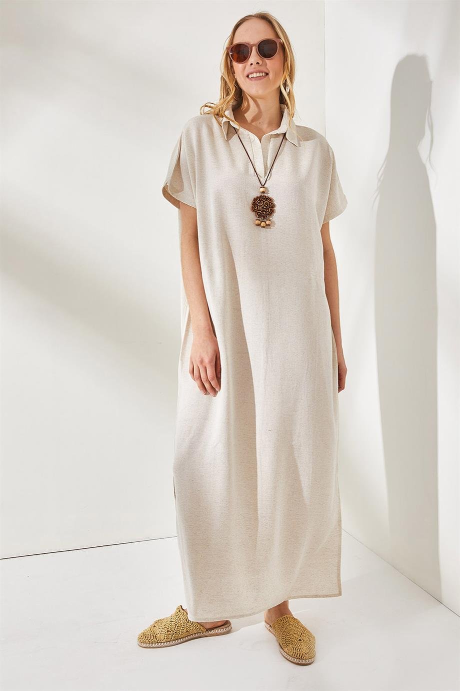 Polo Yaka Yırtmaçlı Oversize Keten Karışımlı Elbise Taş