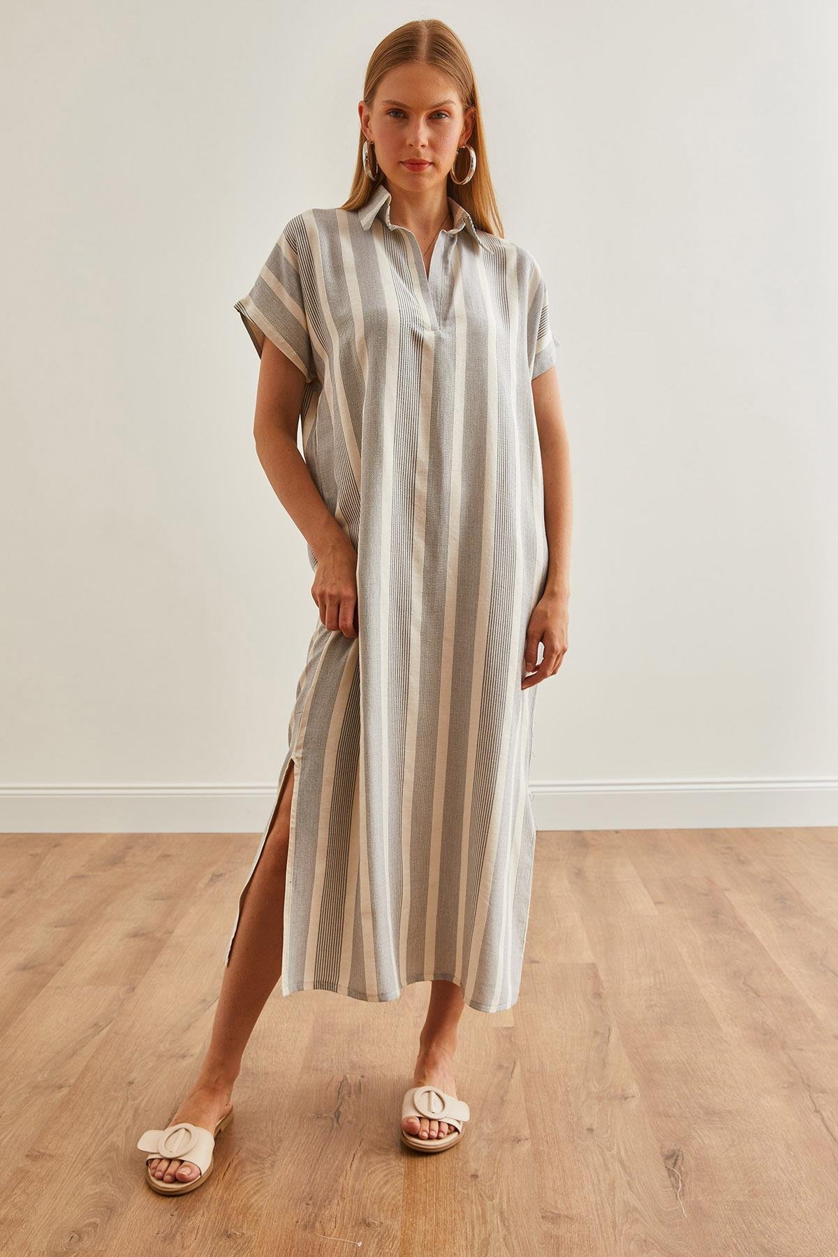 Polo Yaka Yırtmaçlı Oversize Keten Karışımlı Elbise Ekru Gri