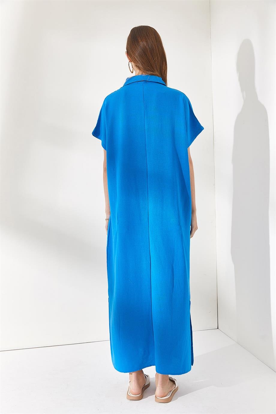 Polo Yaka Yırtmaçlı Oversize Keten Karışımlı Elbise Mavi