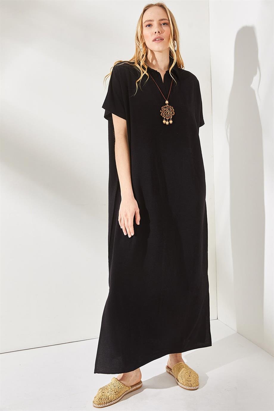 Polo Yaka Yırtmaçlı Oversize Keten Karışımlı Elbise Siyah
