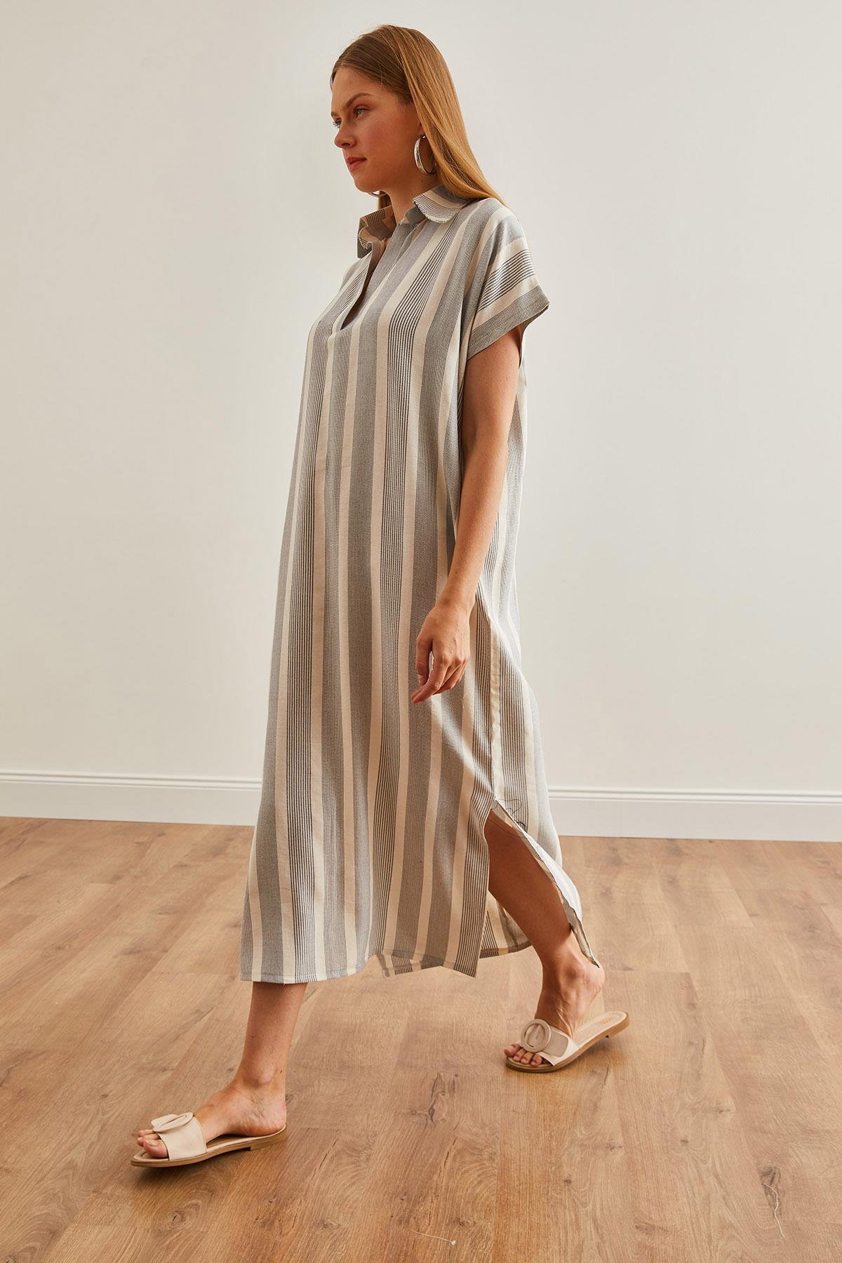Polo Yaka Yırtmaçlı Oversize Keten Karışımlı Elbise Ekru Gri