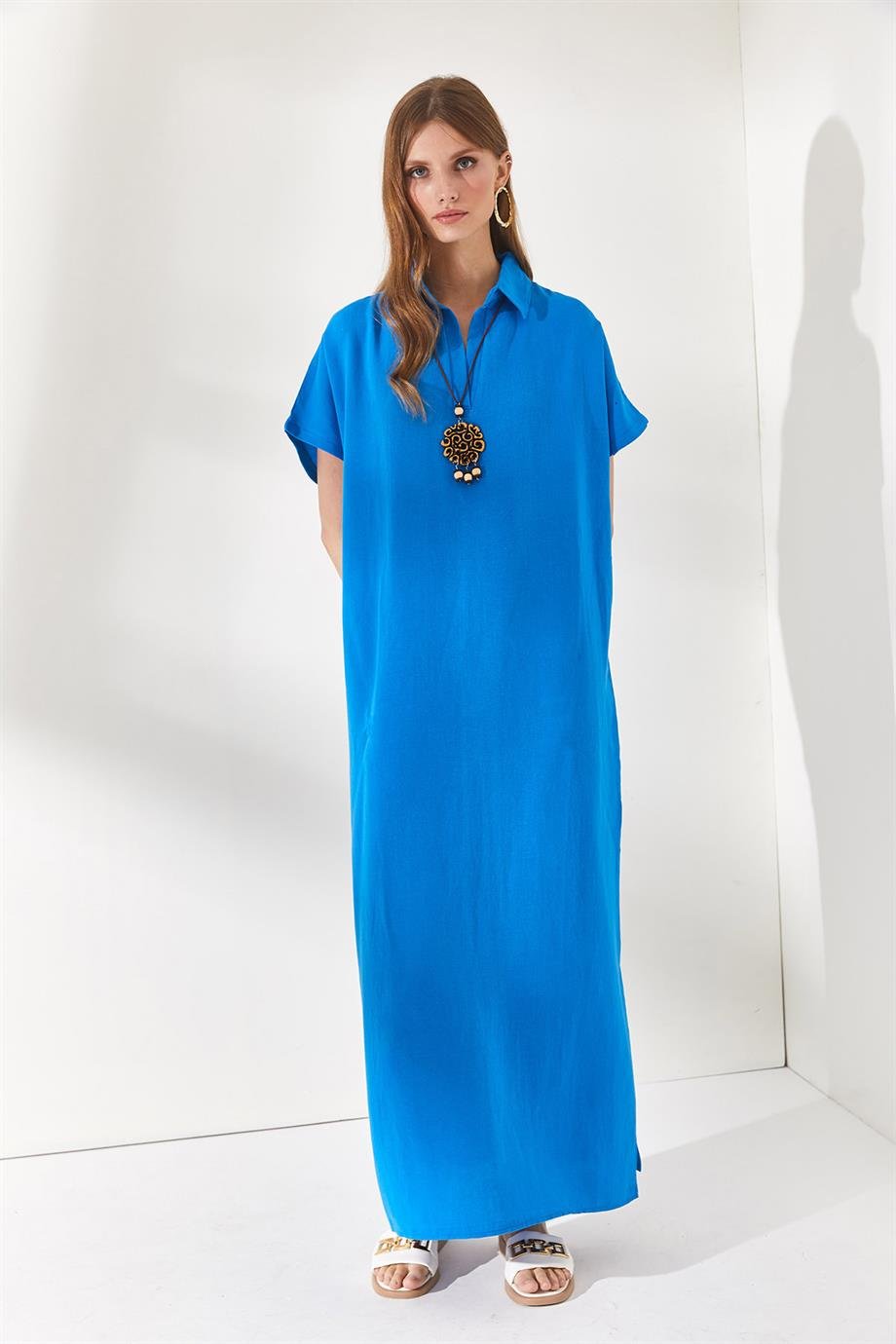 Polo Yaka Yırtmaçlı Oversize Keten Karışımlı Elbise Mavi